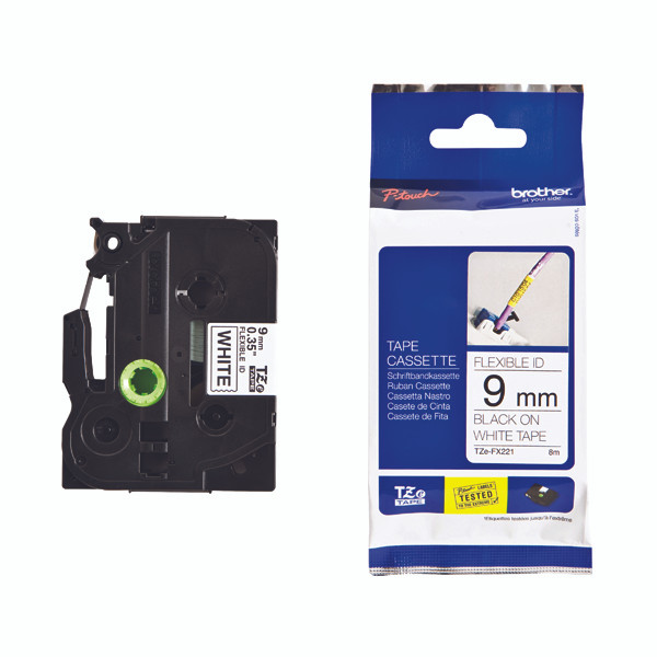 Brother P-Touch Labelling Tape Flexible-ID 9mm Black on White TZEFX221